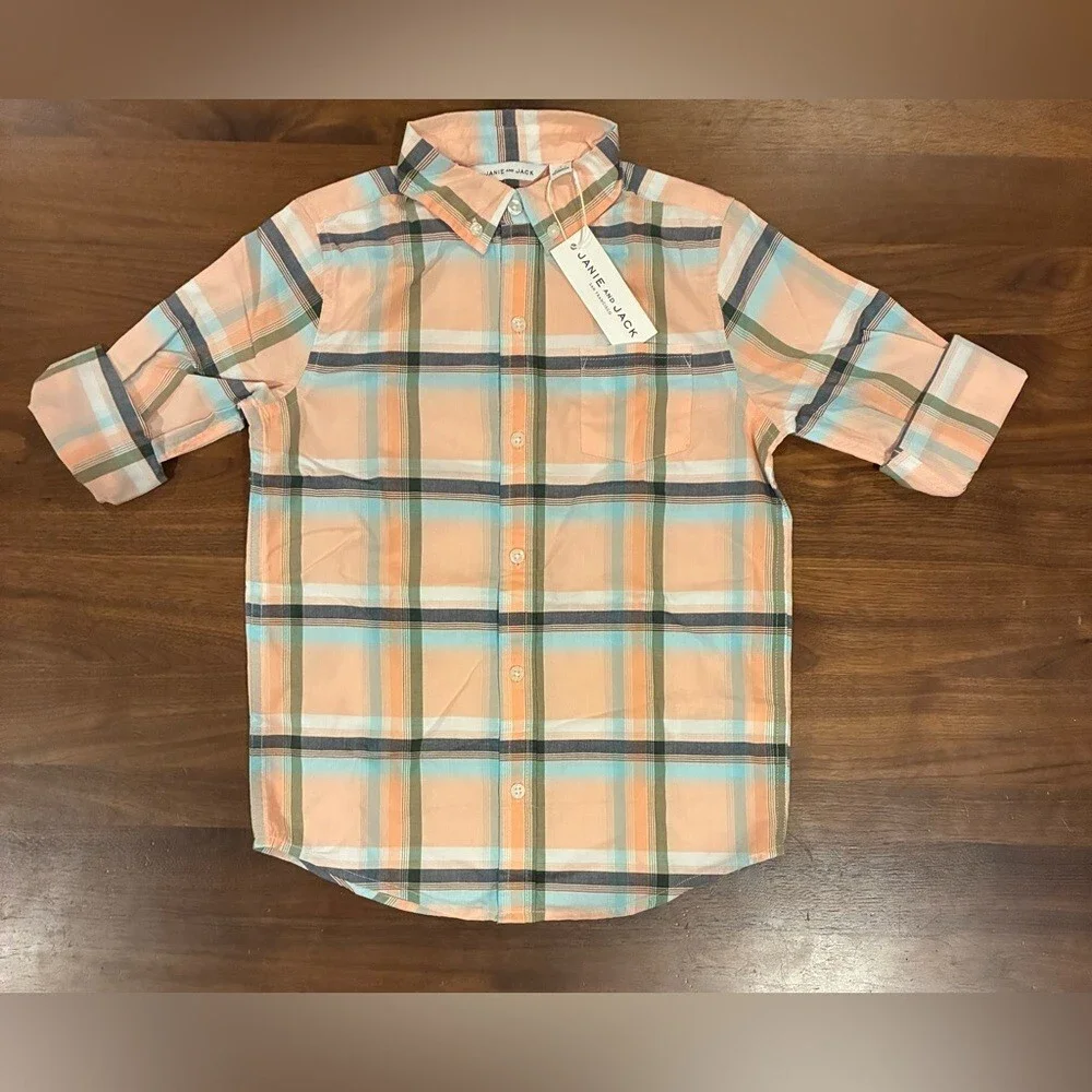 NWT- Janie and Jack Peach Plaid Button Down Shirt (size 7) - Picture 2 of 4
